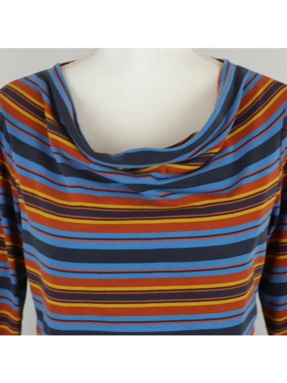 Patagonia Kamala Women's Medium Blue Orange Stripe Cowl Neck 3/4 Sleeve Dress